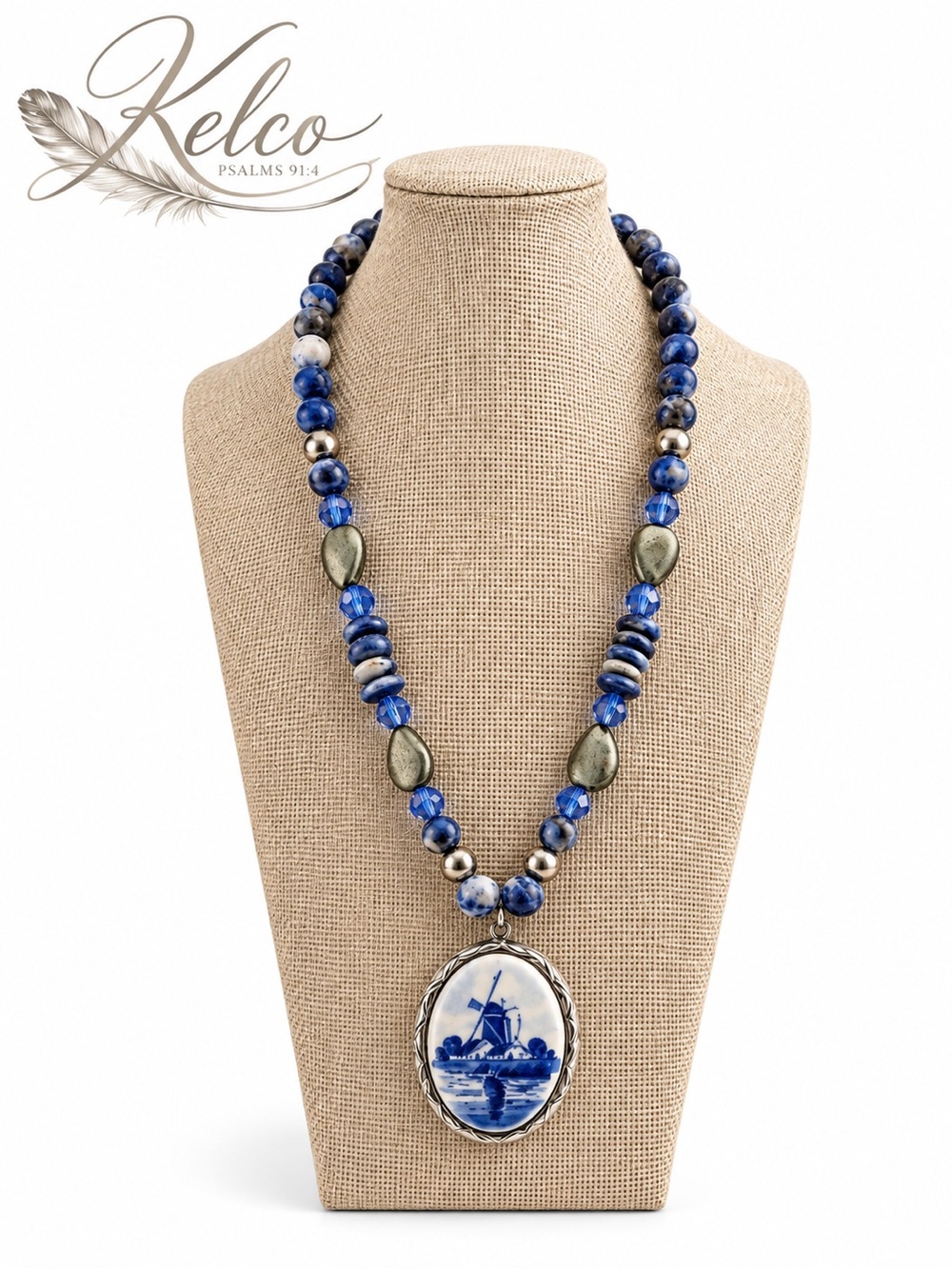 Blue Delft Locket, Sodalite & Pyrite Necklace 20” • Toggle Clasp